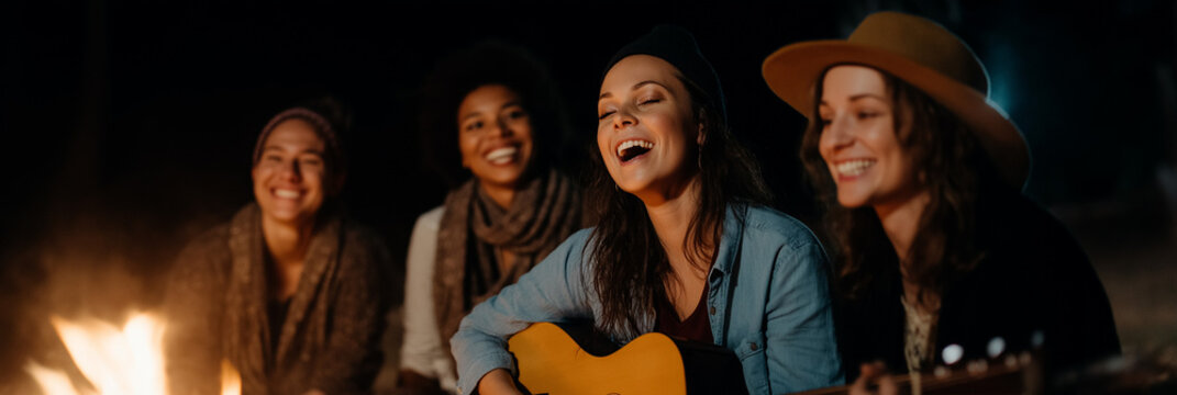 A group of friends enjoying music and laughter by a warm campfire at night, capturing the essence of friendship, joy, and shared experiences in nature.