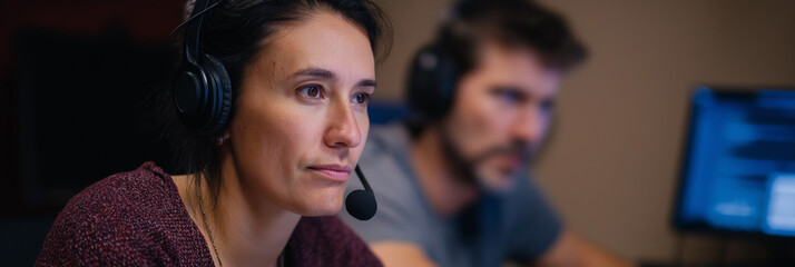 A woman with a headset looks intently at her computer, symbolizing dedication and concentration in her work environment, possibly in a call center or tech industry.