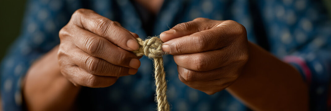 A close-up of hands skillfully tying a knot in natural fiber rope, showcasing craftsmanship and the intricate details of the material and method involved in knot tying.