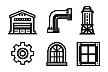 Obraz premium Industrial icons set: gear, warehouse, pipe, light tower, window in simple linear style