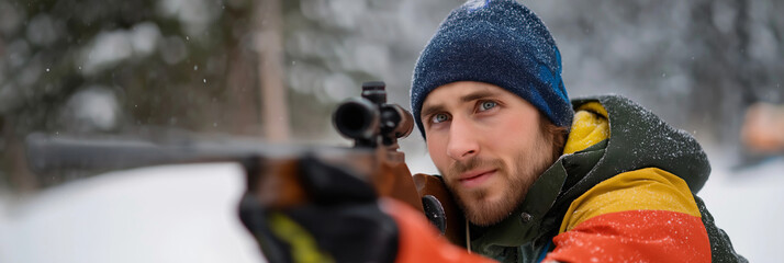 A young man dressed in vibrant colors aims a rifle in a snowy landscape, capturing a moment of focus and determination, showcasing the stark beauty of winter hunting.
