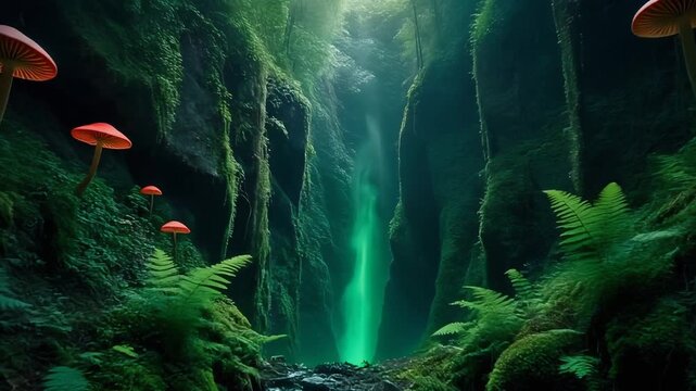 Enchanted Forest Chasm with Luminous Green Glow and Red Mushrooms