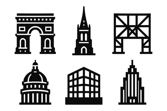 Iconic architectural landmarks in simple black silhouettes