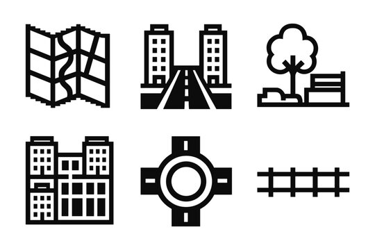 Urban infrastructure icons set featuring buildings, roads, and parks in black and white linear style