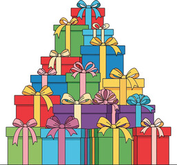 Vibrant stack of colorful gift boxes with ribbons and bows, perfect for celebrations and holidays, bringing joy and excitement.