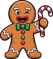 Joyful gingerbread man character winks playfully, holding a festive candy cane, perfect for holiday promotions and cheerful designs