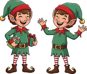 Joyful cartoon elves with gifts spread holiday cheer, perfect for festive marketing and cheerful Christmas celebrations.