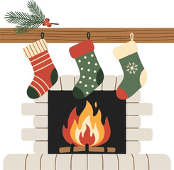 Cozy Christmas fireplace scene with stockings hung by the warm, crackling fire, evoking festive holiday cheer and winter comfort.