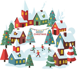 Charming snowy village scene with festive Christmas trees and children ice skating evokes warm holiday cheer and winter joy.