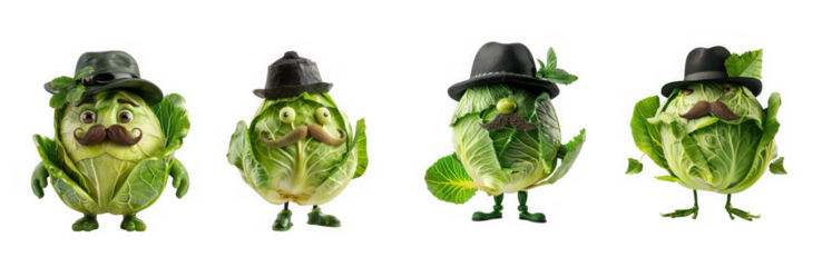 Four anthropomorphic brussels sprouts dressed as gentlemen, isolated on transparent background
