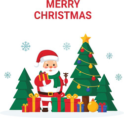 Joyful Santa Claus with Christmas tree and gifts spreads holiday cheer amidst falling snowflakes, perfect for festive greetings.