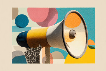 Vibrant pop art megaphone illustration with halftone texture, set against abstract colorful shapes, representing powerful communication, marketing messages.