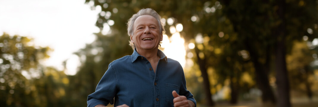 An elderly man with a joyful expression jogs through a sunlit park, embodying vitality and the importance of staying active and engaged with life at any age.