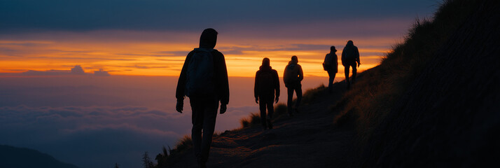 Silhouetted figures trek along a rugged path against a stunning twilight sky, highlighting the thrill of adventure and exploration in nature's beauty.