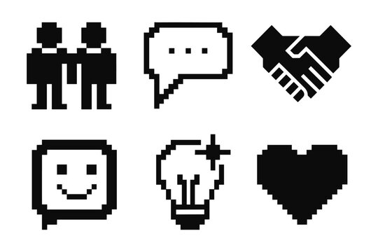 Pixel art icons: people, speech bubble, handshake, smiley, light bulb, heart