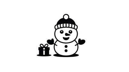 A charming cartoon snowman wearing a striped hat and mittens with a gift box rendered in a simple black and white silhouette style for holiday and winter themes silhouette