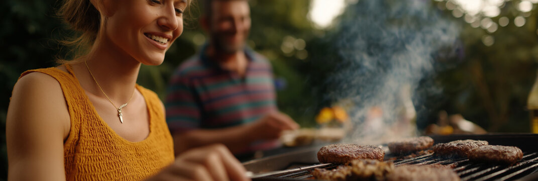 A joyful woman enjoys grilling flavorful burgers in a lively outdoor setting, creating a warm and friendly atmosphere ideal for social gatherings and shared meals with friends and family.