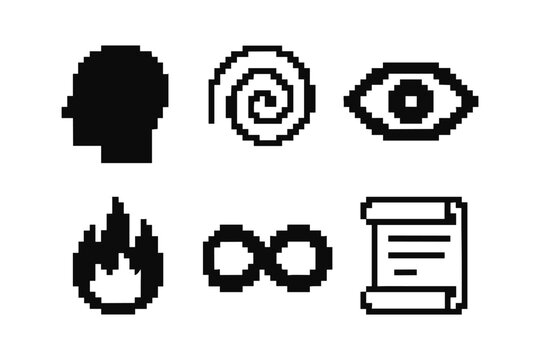 Retro pixel art icons: human silhouette, spiral, eye, flame, infinity, scroll in monochrome style
