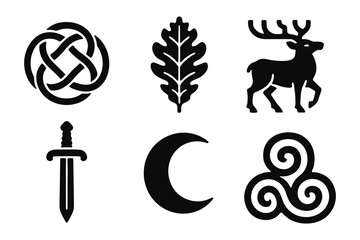 Obraz premium Celtic symbols: knot, oak leaf, deer, sword, moon, and triskelion in black silhouette