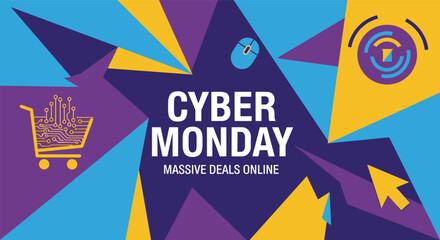Cyber monday online shopping deals with colorful abstract shapes and technology icons