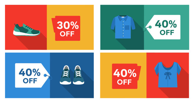 Casual fashion sale banners with shoes and apparel featuring discount labels in flat design - Powered by Adobe