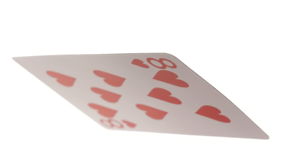 Playing card for poker and gambling, eight heart flying, isolated on white background, clipping path