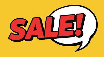 Bold comic style sale banner with yellow background and speech bubble