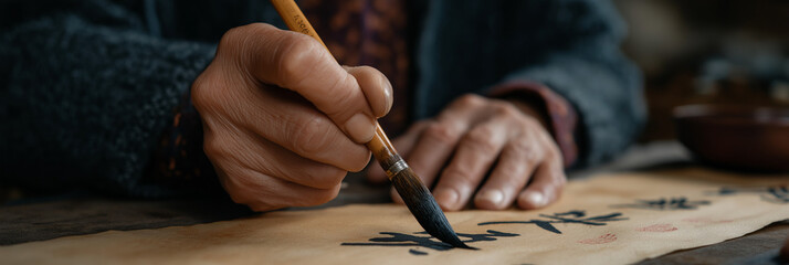 An elderly artisan skillfully creates traditional calligraphy with a brush, reflecting a deep connection to culture and heritage through art and meticulous attention to detail.