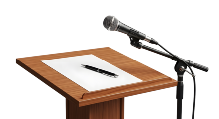 Wooden podium with paper and pen isolated on transparent background