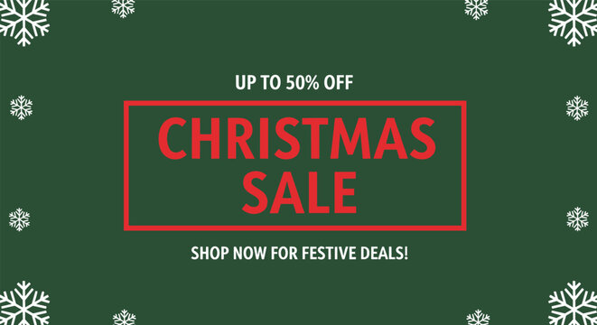 Festive christmas sale banner with snowflake border and bold red text on green background