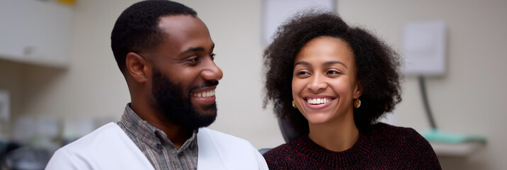 A heartwarming scene of a smiling couple engaged in conversation at a clinic, capturing the joy and connection of shared experiences in a supportive and caring environment.