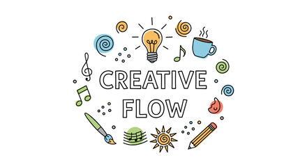 Creative flow with art and music icons in modern line art style