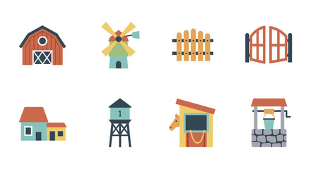 Fototapeta premium Rustic farm elements collection featuring barn, windmill, and more in flat design