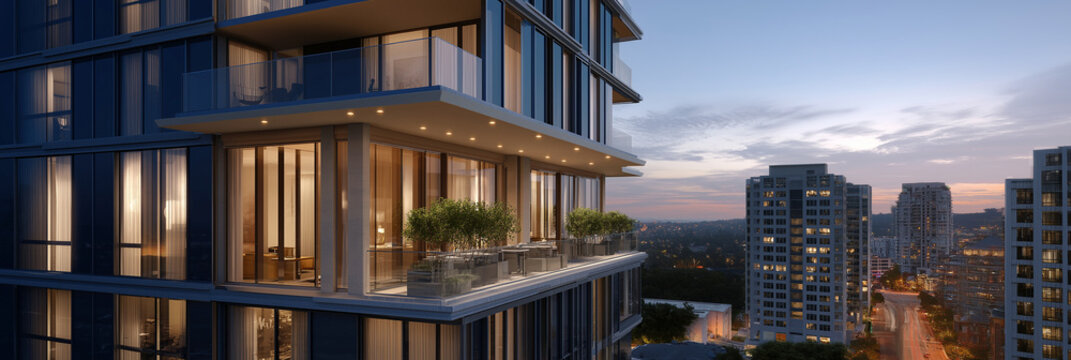 A stunning view of a modern cityscape captured at dusk, featuring sleek architecture and illuminated spaces that evoke feelings of urban vibrancy and sophistication.