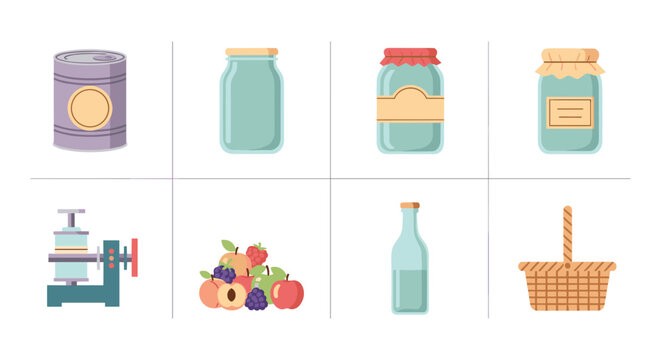 Colorful icons of preserved foods and related items in flat style