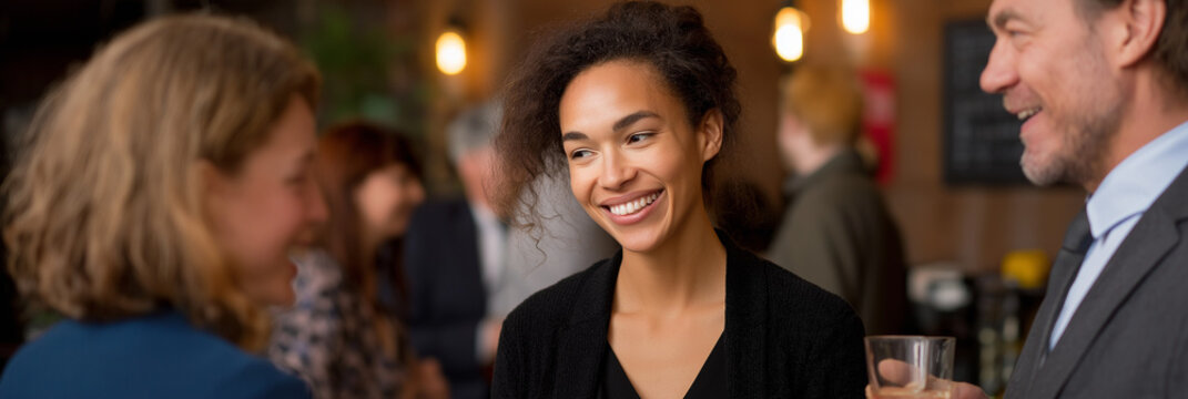 This lively image features people engaged in a cheerful conversation at an event, encapsulating the essence of social interaction and connection among individuals.