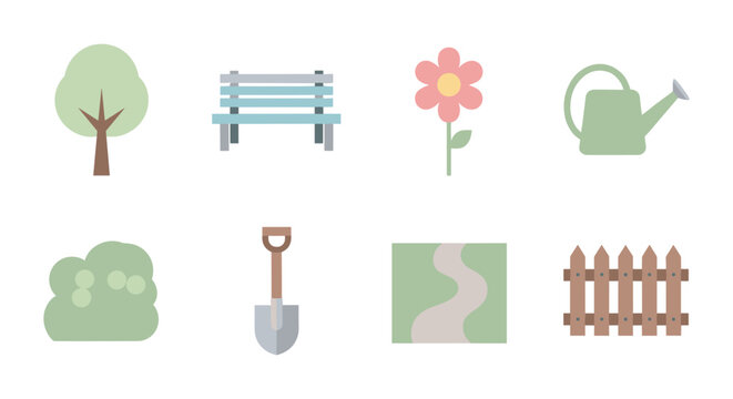 Simple flat garden elements with trees, bench, flower, and watering can