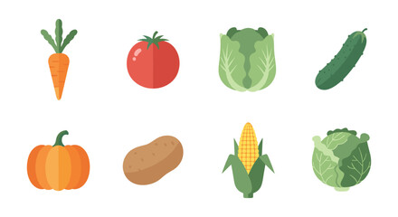 Fresh vegetable icons set featuring carrot, tomato, cabbage, cucumber, and more