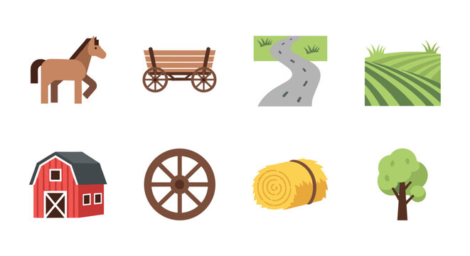 Farming icons collection: cart, horse, barn, and fields in flat design