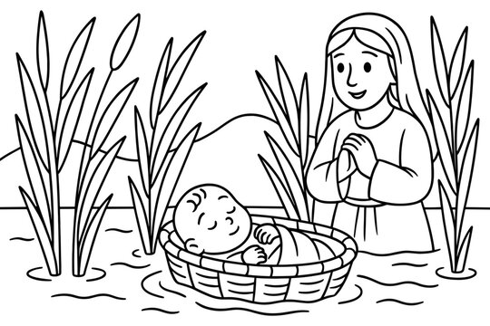 Biblical scene: moses in the basket with woman praying in linear art style