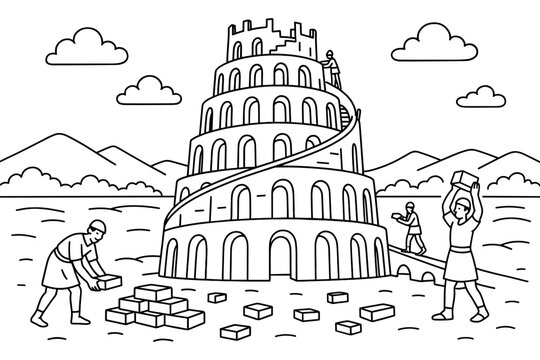 Linear depiction of the tower of babel with builders in ancient landscape