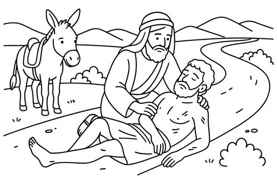 Biblical scene of the good samaritan in linear art style