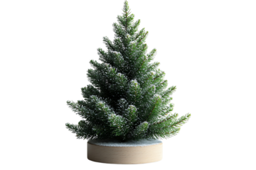 A detailed artificial Christmas tree with snow, set on a wooden base, perfect for festive decoration.