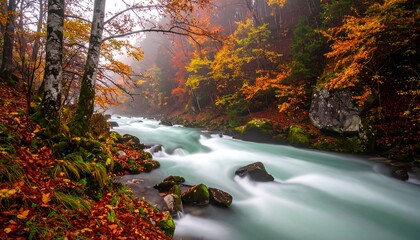 Autumn River Flowing Through Colorful Forest Landscape.