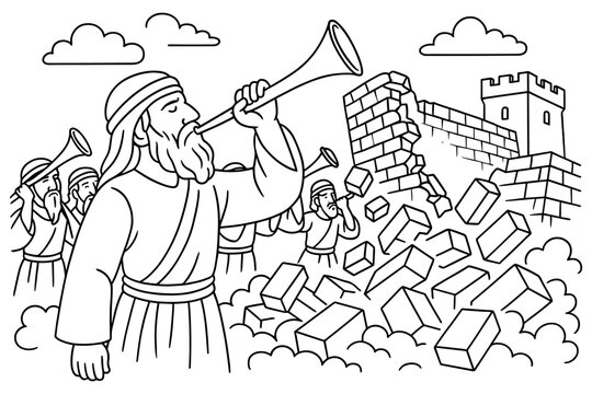 Biblical scene of jericho's walls falling in black and white outline style