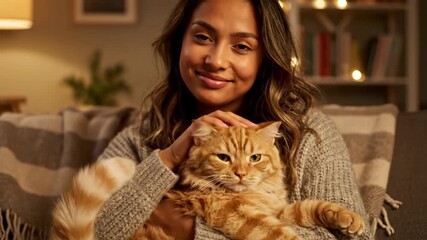 Woman Cuddling Orange Cat at Home - A young woman with brown hair is relaxing on a sofa, smiling softly while petting an orange tabby cat in her lap. - Powered by Adobe