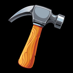 Vibrant illustration of a curved claw hammer with a wooden handle, highlighted against a dramatic black background
