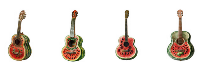 Four guitars made from watermelon slices and rind, with a wooden neck and strings, isolated on transparent background