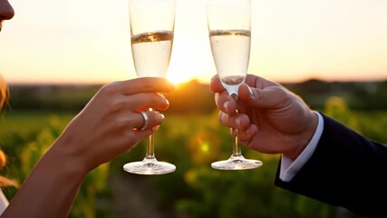 Champagne Toast at Sunset Wedding - A couple clinks champagne glasses together in celebration during their wedding. The backdrop features a sunset and greenery. - Powered by Adobe