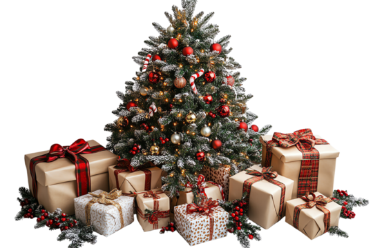 A festive Christmas tree adorned with ornaments and surrounded by beautifully wrapped presents. - Powered by Adobe